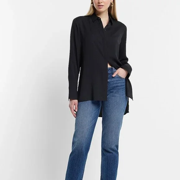 Express Women's Black Sheer Relaxed Tunic Portofino Shirt size Medium - Picture 5 of 5